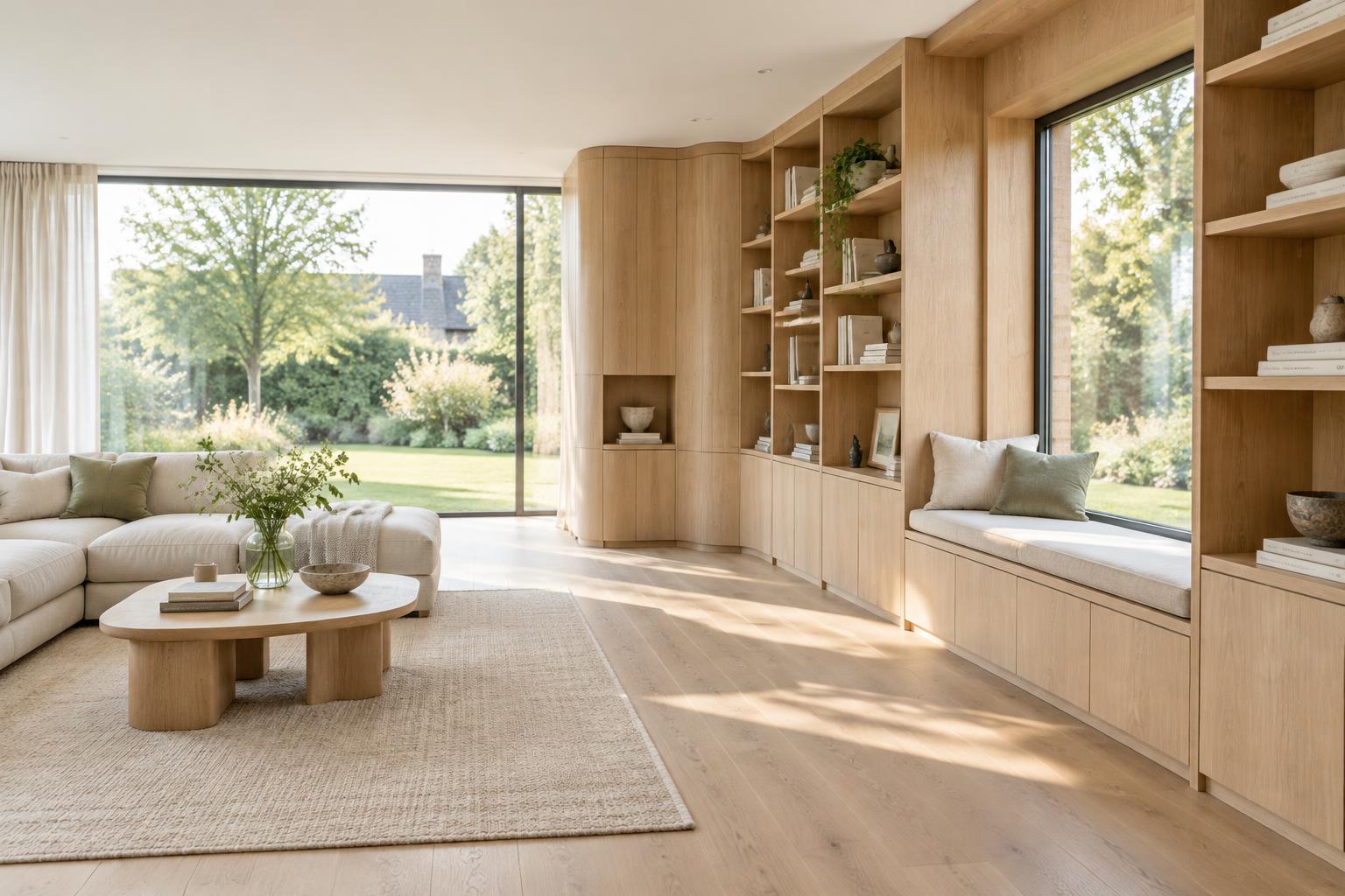 Agencement en chêne sur mesure dans un salon lumineux — image de démonstration générée