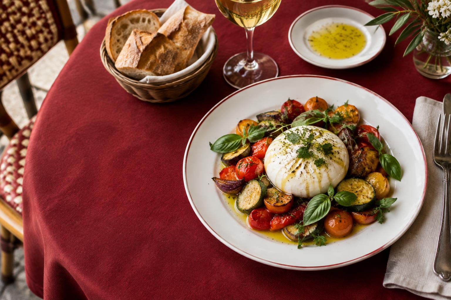 Assiette de légumes de saison et burrata sur une table de bistrot — image de démonstration générée